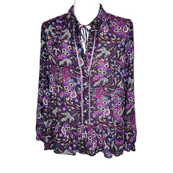Maeve Janie Purple Floral Leaf Print Peasant Boho Ruffle Hem Blouse - Picture 1 of 11